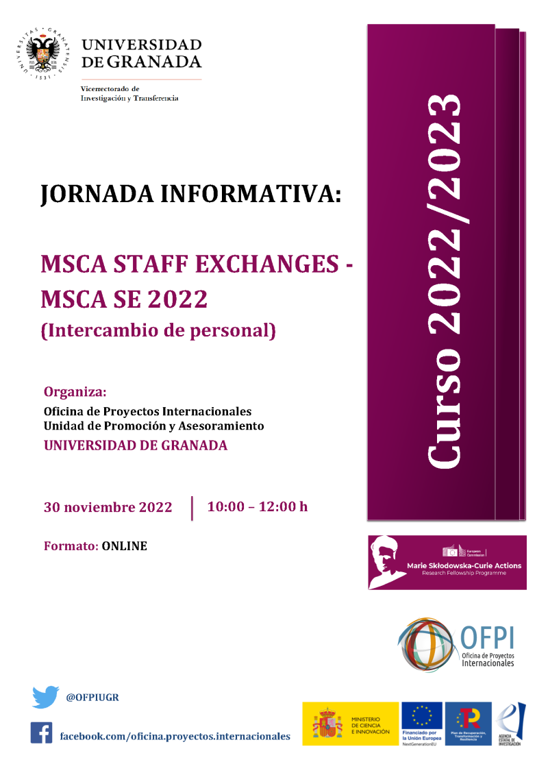 cartel jornada msca staff exchanges 2022 aparece un cartel blanco con toda la informacion esencial de la jornada informativa que viene indicada en la noticia. En la parte derecha aparece un figura rectangular en color morado en la que se indica el curso academico 2022 2023