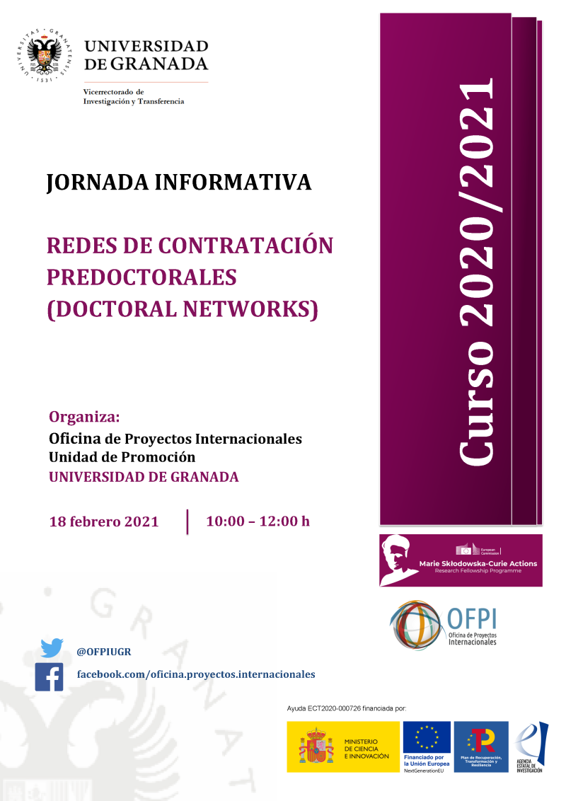Cartel Jornada Informativa - Redes Contratación Predoctorales (Doctoral Networks) aparece un cartel blanco con toda la informacion esencial de la jornada informativa que viene indicada en la noticia. En la parte derecha aparece un figura rectangular en color morado en la que se indica el curso academico 2020 2021