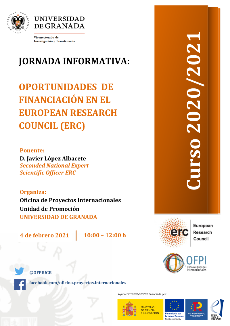 cartel Jornada Informativa - Oportunidades de financiación en el ERC aparece un cartel blanco con toda la informacion esencial de la jornada informativa que viene indicada en la noticia. En la parte derecha aparece un figura rectangular en color naranja en la que se indica el curso academico 2020 2021