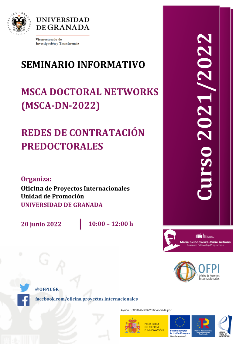 cartel seminario informativo MSCA doctoral networks 2022 aparece un cartel blanco con toda la informacion esencial de la jornada informativa que viene indicada en la noticia. En la parte derecha aparece un figura rectangular en color morado en la que se indica el curso academico 2021 2022