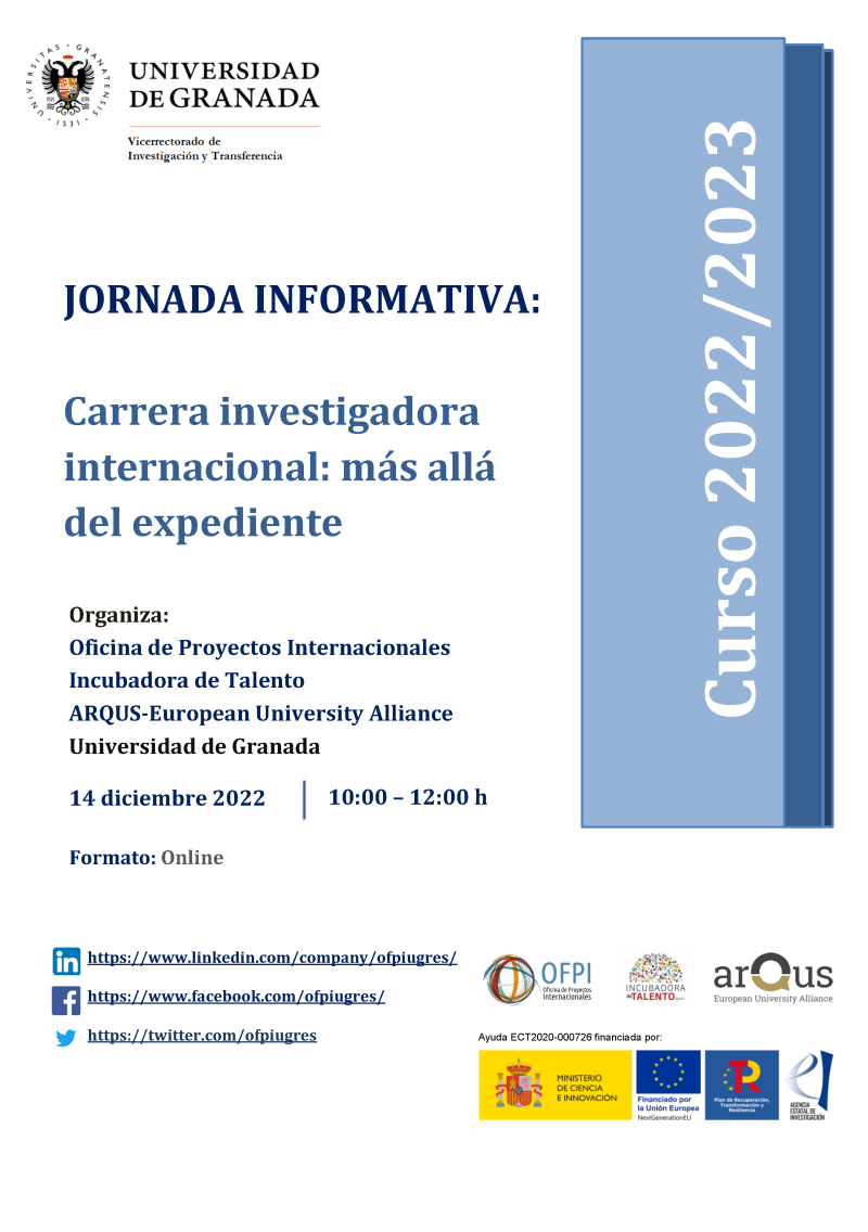 cartel jornada informativa carrera investigadora mas alla del expediente aparece un cartel blanco con toda la informacion esencial de la jornada informativa que viene indicada en la noticia. En la parte derecha aparece un figura rectangular en color azul que se va degradando a colores azules más oscuros en la que se indica el curso academico 2022 2023