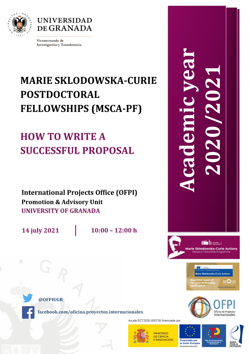 cartel taller Marie Sklodowska-Curie Postdoctoral Fellowship (MSCA-PF) : How to write a successful proposal aparece un cartel blanco con toda la informacion esencial del taller que viene indicada en la noticia. En la parte derecha aparece un figura rectangular en color morado en la que se indica el curso academico 2020 2021