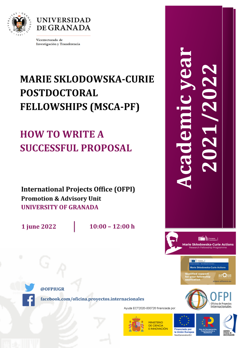cartel taller Marie Sklodowska-Curie Postdoctoral Fellowship (MSCA-PF-2022): How to write a successful proposal aparece un cartel blanco con toda la informacion esencial del taller que viene indicada en la noticia. En la parte derecha aparece un figura rectangular en color morado en la que se indica el curso academico 2021 2022