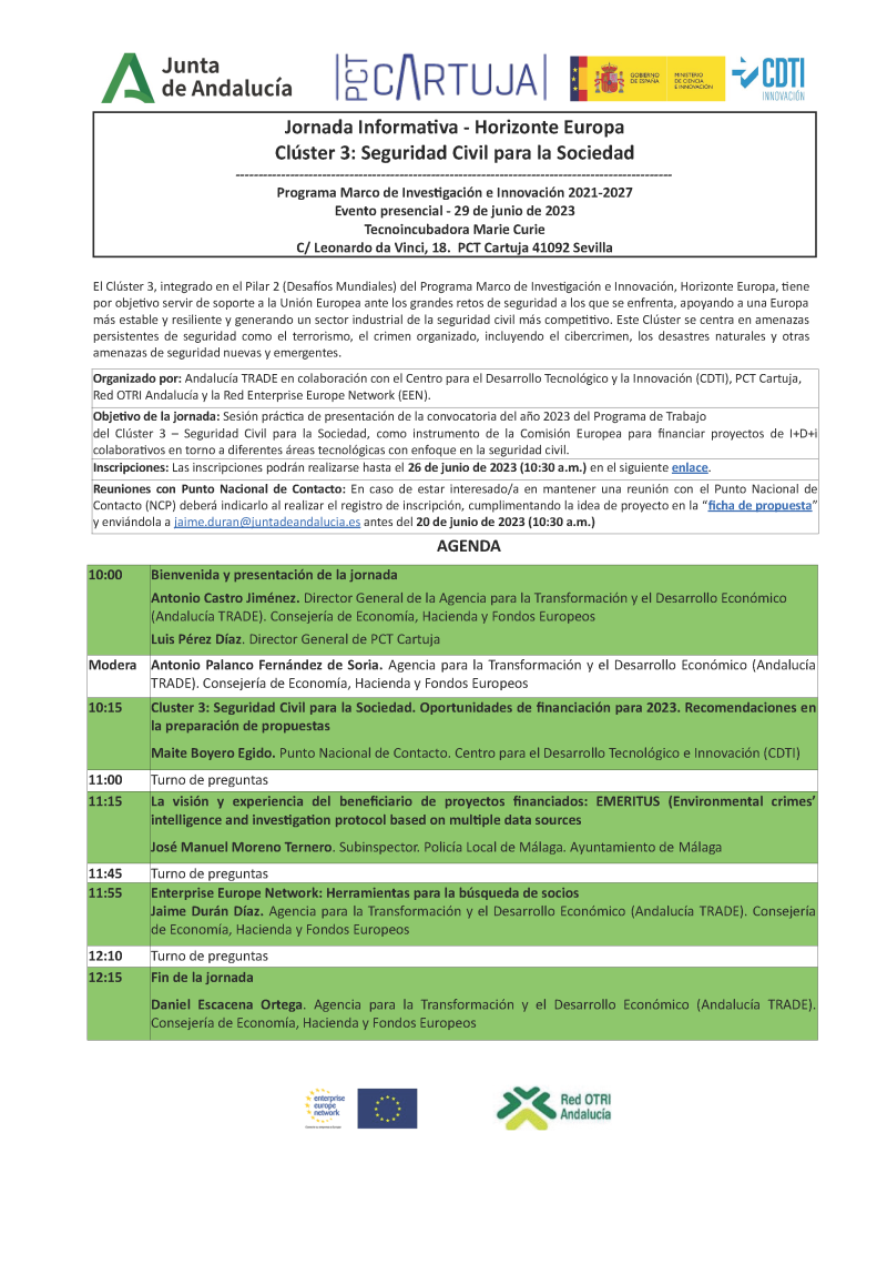 cartel evento Jornada informativa – Horizonte Europa – Clúster 3 - Andalucía - CDTI aparece un cartel blanco y verde con toda la información esencial del evento que viene indicada en la noticia