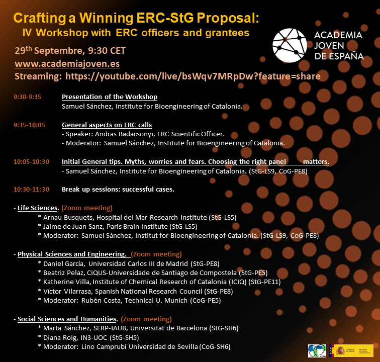 cartel IV Workshop: Crafting a Winning ERC-StG Proposal - 29 septiembre aparece una imagen con fondo oscuro y el texto en tonos naranjas