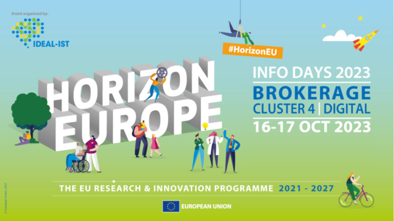 cartel Infoday y Brokerage event | Horizonte Europa | Clúster 4: “Digital” | 16 y 17 octubre 2023 aparece una imagen con fondo degradado entre azulado y verdoso con los datos del evento e imágenes identificativas del clúster 4