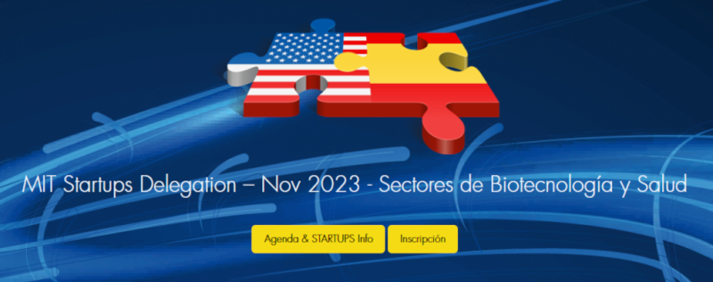 cartel evento sobre EE.UU | "MIT Startups Delegation” | Sectores de Biotecnología y Salud | 8 nov 23 aparece una imagen con fondo azul y con toda la información esencial del evento que viene indicada en la noticia en texto blanco