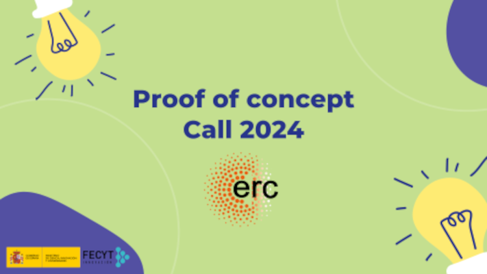 Cartel | Convocatoria | ERC - Proof of Concept Grant 2024 | 14 marzo y 17 sept 24 aparece una imagen con fondo verde y las letras de la convocatoria en azul, además del logo de erc. En las esquinas aparecen dos bombillas y el logo del ministerio y la fecyt
