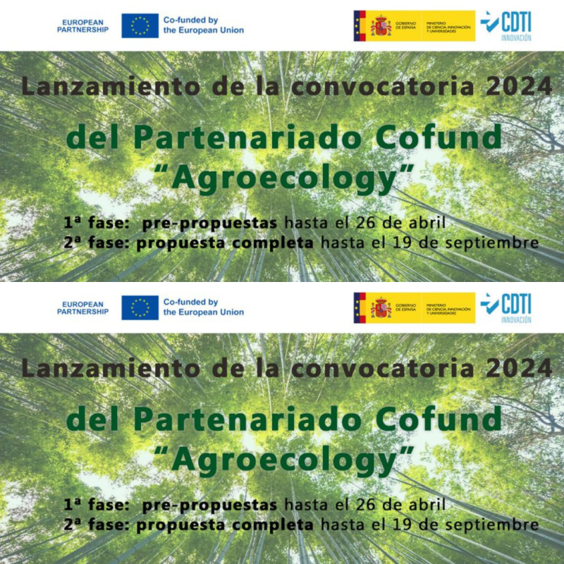 Cartel | 1ª Convocatoria 2024 Partenariado Agroecology | 26 abril y 19 septiembre 2024 Aparece el cartel de la convocatoria en el que se aprecia una foto de unos árboles junto a la información básica de la convocatoria