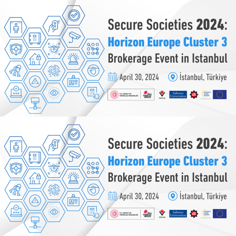 Cartel | Brokerage event (Estambul) | Clúster 3: Seguridad Civil para la Sociedad | 30 abril aparece a la izquierda un dibujo de color azul en el que se ven diversas formas geométricas (hexágonos) en cuyo interior hay dibujos relacionados con la seguridad civil. A la derecha de este dibujo aparecen escritos los datos basicos del evento.