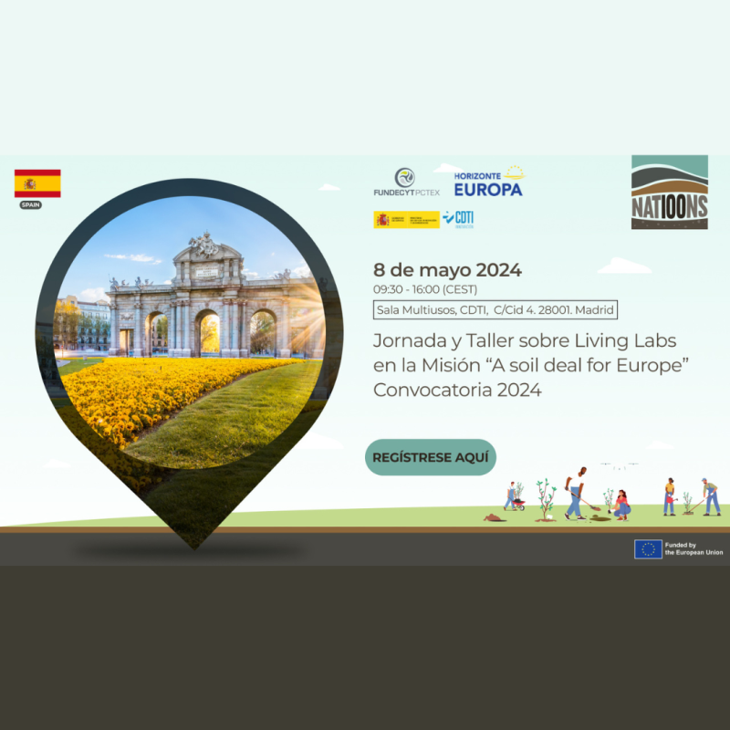Cartel | Jornada y taller | “Living Labs” | Misión Suelo | Convocatoria 2024 | 8 mayo aparece el cartel del evento sobre un fondo dividido en dos colores que se asemeja un campo. Además, aparece los datos básicos de la jornada