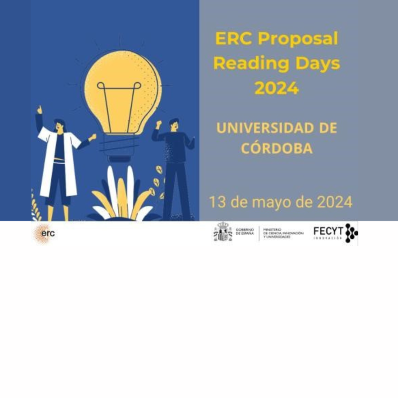 Cartel | Evento (Córdoba) | “ERC: Proposal Reading Days 2024” | Fecha: 13 mayo 2024 Se trata del cartel de la jornada en el que aparecen datos básicos dela misma junto con un dibujo en el que aparecen 2 personas y una bombilla