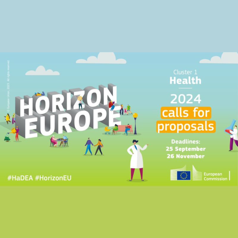 Cartel | Convocatorias 2024 Salud Horizonte Europa Aparece una imagen cuya mitad inferior asemeja un campo verde y la parte inferior un cielo azul con dibujos de nubes. En el centro-izquierda de la imagen aparece en mayúscula escrito !HORIZONTE EUROPA", a la derecha la información básica de la convocatoria. Además hay diversos dibujos que incluyen personas, algunas de ella con bata.