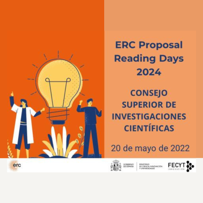 Cartel | Evento (Madrid) | “ERC: Proposal Reading Days 2024” | 20 mayo 2024 aparece el cartel de la jornada en el que se aprecian los datos básicos dela misma junto con un dibujo en el que aparecen 2 personas y una bombilla