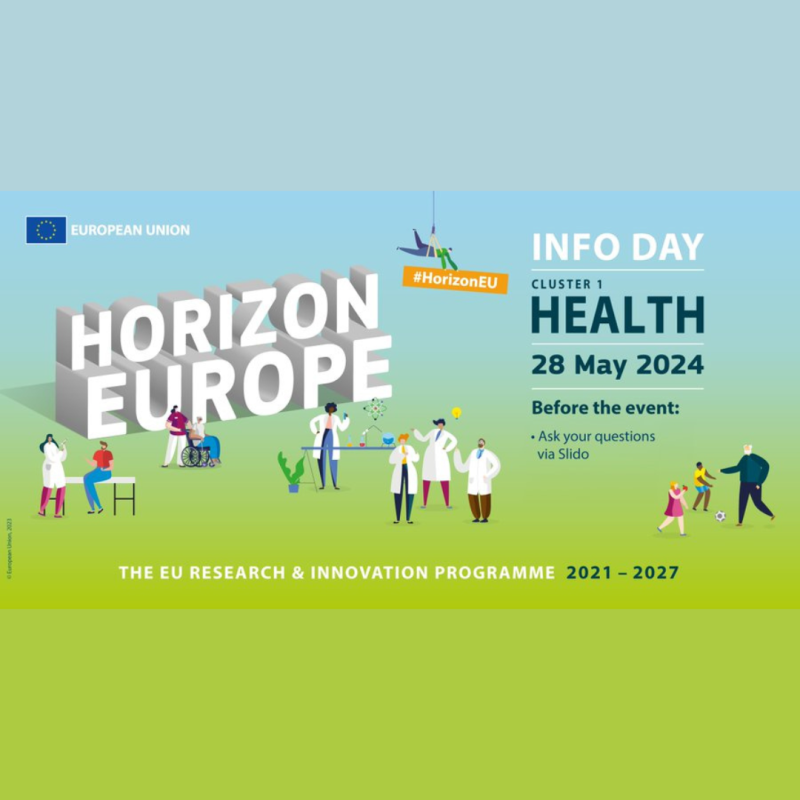 Cartel | Jornada informativa | Horizonte Europa | Clúster 1: Salud | 28 mayo 2024 Aparece el cartel de la jornada en el que se aprecia sobre un fondo mitad azul (parte superior de la imagen) y mitad verde (parte inferior de la imagen), los datos básicos de la jornada. En mayúscula y en grande aparece escrito HORIZONTE EUROPA. Además, en la imagen pueden verse el dibujo de diversas personas, algunas de ellas con bata.