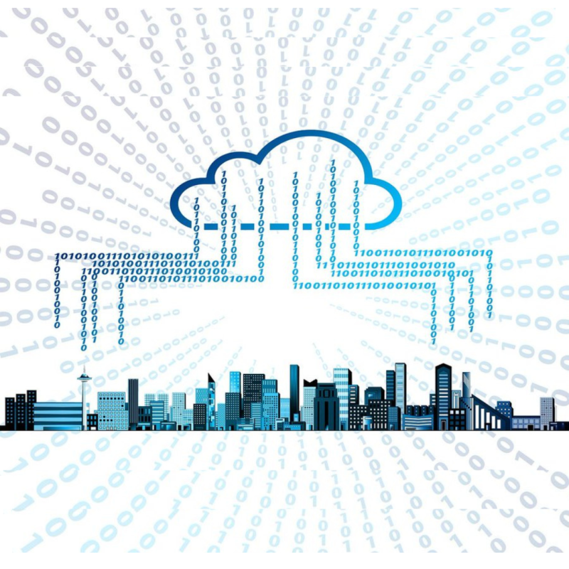 Cartel | Jornada informativa nacional | Nube del Patrimonio Cultural Europeo | Conv 2024 | 26 junio 2024 Aparece una imagen que muestra una ciudad moderna con rascacielos en la parte inferior y una nube azul arriba, representando el almacenamiento en la nube. Desde la nube, líneas de código binario descienden hacia la ciudad, simbolizando el flujo de datos. El fondo está lleno de números binarios en tonos de azul, creando un efecto de conexión y transmisión de información entre la nube y la ciudad.