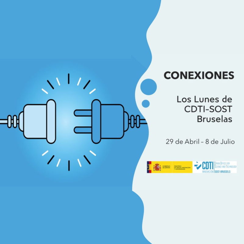 Cartel | 2ª Sesión informativa | 3ª Temporada Los Lunes de CDTI-SOST Bruselas | Industria | 10 junio 2024 Aparece un cartel en el que se puede apreciar a la izquierda sobre fondo azul un dibujo de un cable y un enchufe, y a la derecha sobre fondo blanco, los datos del evento que se va a celebrar
