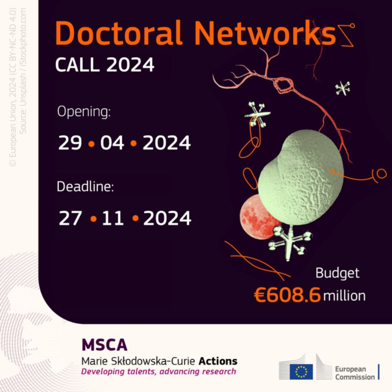 Cartel | Convocatoria MSCA Doctoral Networks 2024 | 27 noviembre 2024 Se trata del cartel de la jornada, en el aparece sobre un fondo oscuro los datos básicos de la jornada. A la derecha del texto aparecen varios dibujos entre los cuales se distingue una neurona.