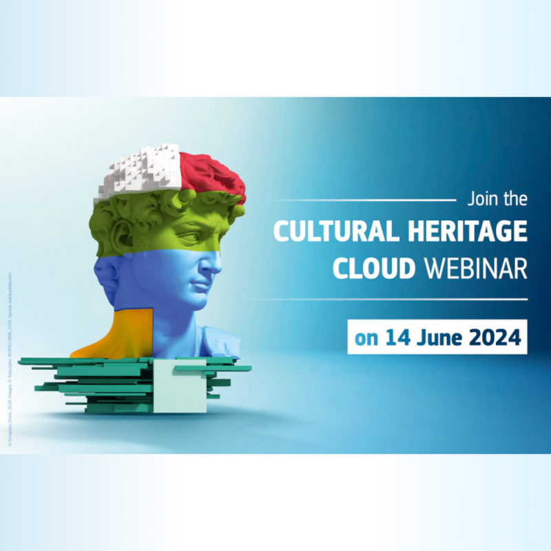 Cartel | Jornada informativa | HE | Clúster 2: “Collaborative Cloud for Cultural Heritage” | 14 junio 2024 Aparece el cartel del evento en el que se puede apreciar los datos básicos de la jornada sobre un fondo azul difuminado y la cabeza de una escultura sobre unos libros
