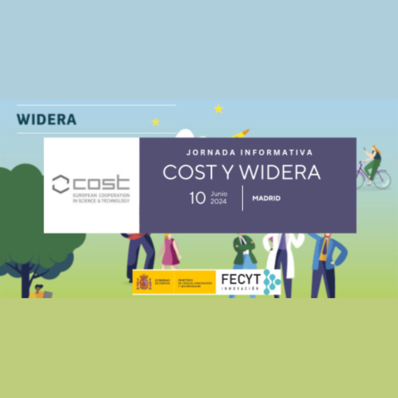 Cartel | Jornada informativa nacional (Madrid) | Programas COST y WIDERA | 10 junio 2024 Se trata del cartel de la jornada. En el aparece sobre un fondo en el que aparece un campo verde con árboles y diferentes personas, un cuadro morado con la información basica de la jornada
