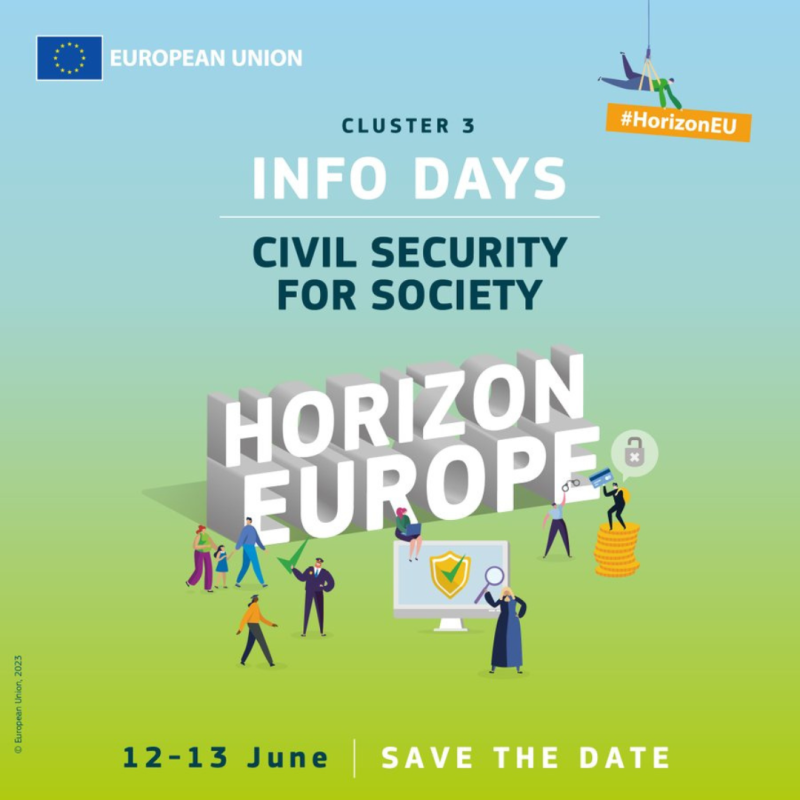 aparece el cartel del evento, en el que el fondo está dividido en dos mitades. La superior es azul asemejando el cielo y la otra mitad es verde asemejando a un campo. Además, aparece el logo en grande y mayúscula de HORIZONTE EUROPA junto con la información básica de la jornada y los dibujos de un par de personas paseando o trabajando
