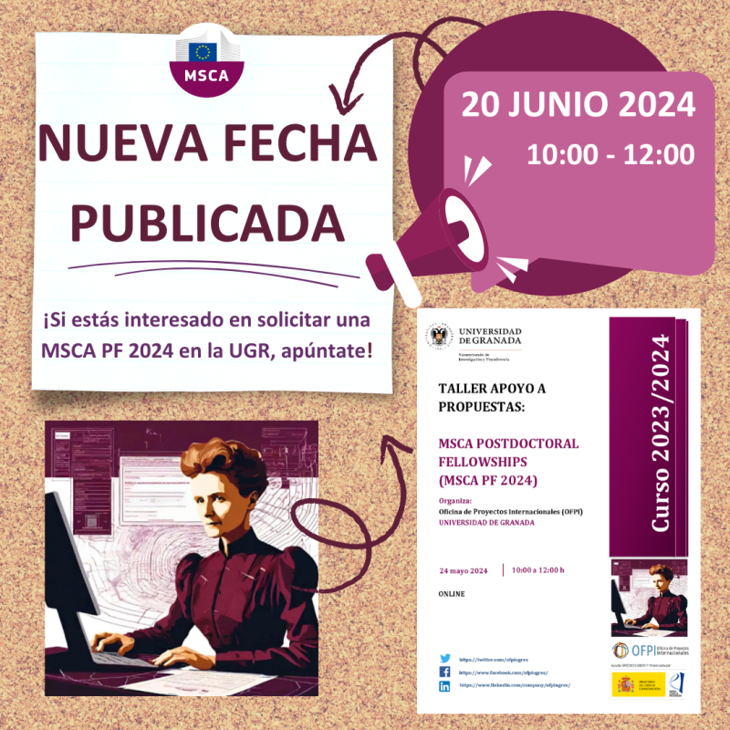 Cartel | Taller apoyo propuestas | MSCA Postdoctoral Fellowships 2024 (MSCA PF 2024) | 20 junio 2024 aparece un cartel con varias imágenes simulando un cartel de noticias de corcho anunciando que el taller se pospone