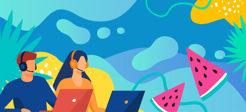Cartel | Plan de Atención al Usuario | Verano 2024 | OFPI-UGR Aparece una imagen con dos personas con ordenador y teléfono. El fondo aparece en tonos azulados y aparecen frutas tropicales