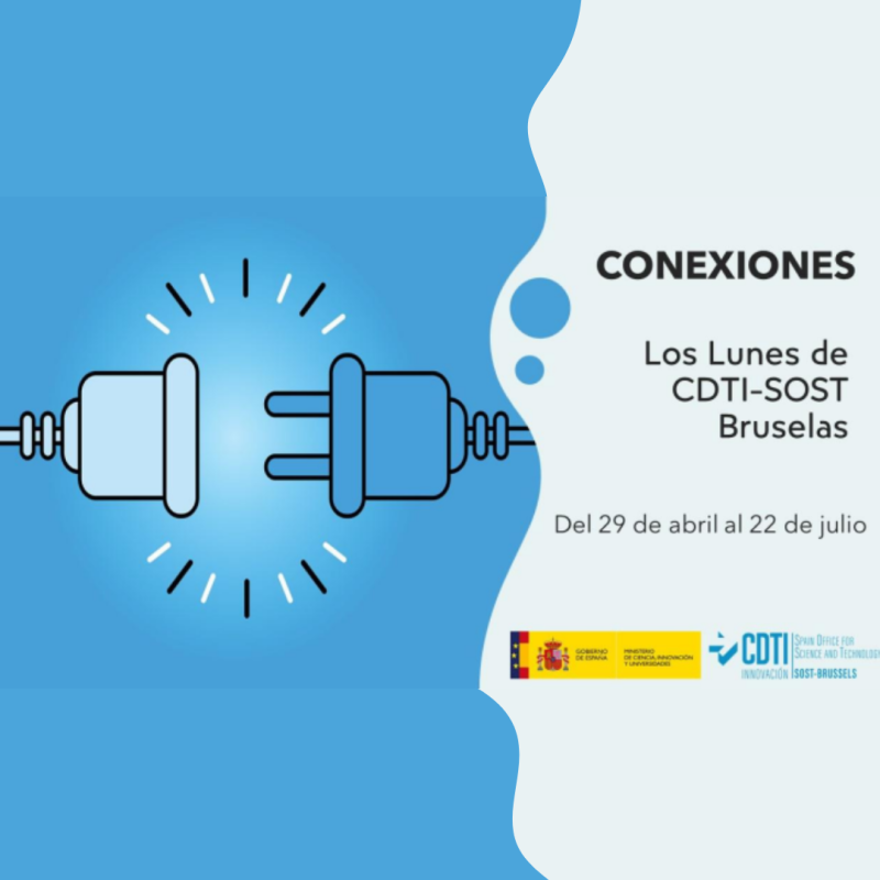 Cartel | 3ª Temporada | Los Lunes de CDTI-SOST Bruselas | Sesión 8: “Seguridad Civil” | 22 julio Aparece un cartel en el que se puede apreciar a la izquierda sobre fondo azul un dibujo de un cable y un enchufe, y a la derecha sobre fondo blanco, los datos del evento que se va a celebrar