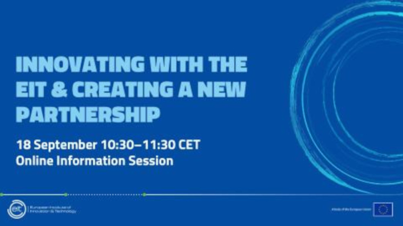 Cartel | Webinario | Innovar con el EIT y crear un partenariado” | 18 sept 2024 Aparece una imagen con fondo azul y con toda la información esencial del evento que viene indicada en la noticia en texto blanco