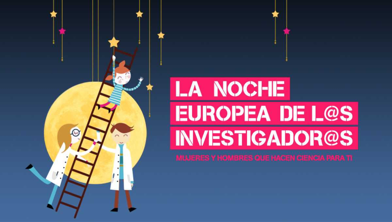 Cartel European Researchers Night 2024 Aparece una imagen con el nombre del evento en blanco sobre fondo rosa en la parte izquierda y en la parte derecha un dibujo de una luna con unos científicos y una escalera