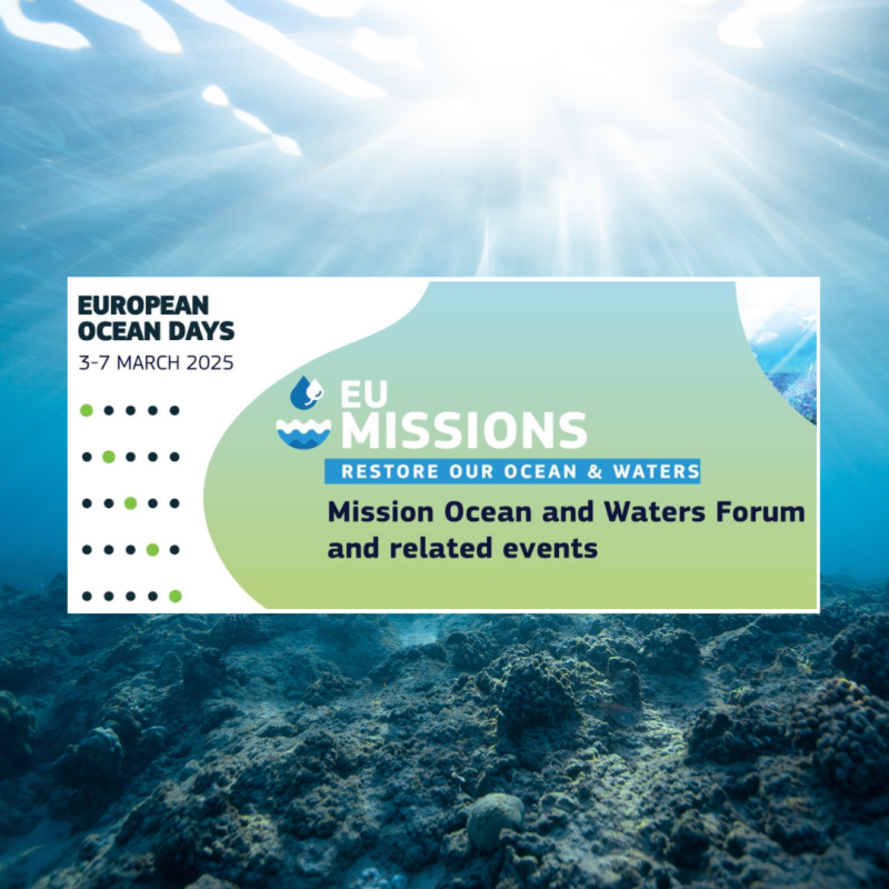 Cartel | Foro (Bruselas) | Misión Océanos y Aguas 2025 | 3 – 7 marzo 2025 Aparece una imagen que anuncia el "Mission Ocean and Waters Forum", como parte de los European Ocean Days 2025, a realizarse del 3 al 7 de marzo de 2025. Está enmarcada dentro de las EU Missions, con el lema "Restore Our Ocean & Waters". Incluye un diseño azul y verde que evoca ecosistemas marinos, con un fondo submarino que refuerza la temática de conservación y restauración de océanos y aguas.