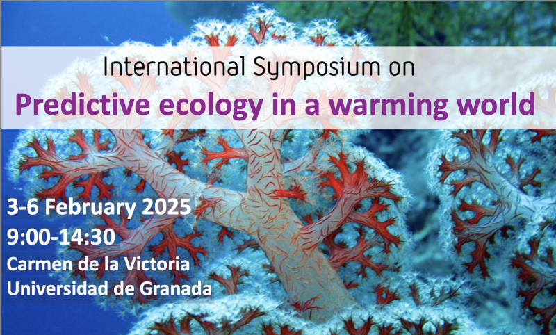 Cartel | Proyecto eWARM | Simposio de Ecología Internacional: "Predictive Ecology in a Warming World" Aparece un cartel con fondo azulado y los datos del eventos en varios colores con un coral de mar