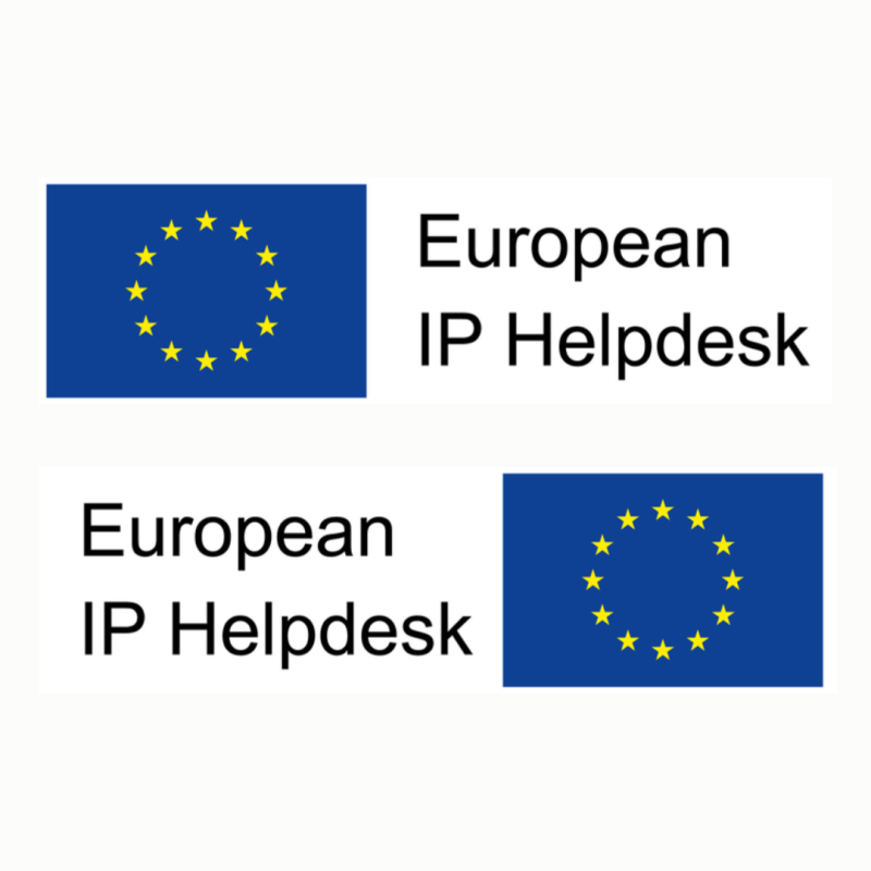 Aparece una imagen que muestra dos versiones del logotipo de European IP Helpdesk, ambas con la bandera de la Unión Europea y el texto en negro. En la primera versión, la bandera está a la izquierda del texto, mientras que en la segunda aparece a la derecha.