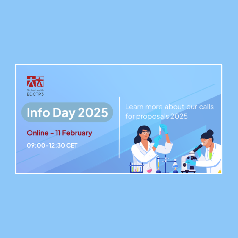 Cartel | Jornada | Convocatorias 2025 del Partenariado Salud Global - EDCTP3 | 11 febrero 2025 Aparece una imagen que promociona el Info Day 2025 del Partenariado de Salud Global - EDCTP3, un evento informativo sobre las convocatorias de propuestas para 2025. Se celebrará de forma online el 11 de febrero, de 09:00 a 12:30 CET. El diseño incluye ilustraciones de científicas en un laboratorio, lo que indica el enfoque en investigación y salud global.