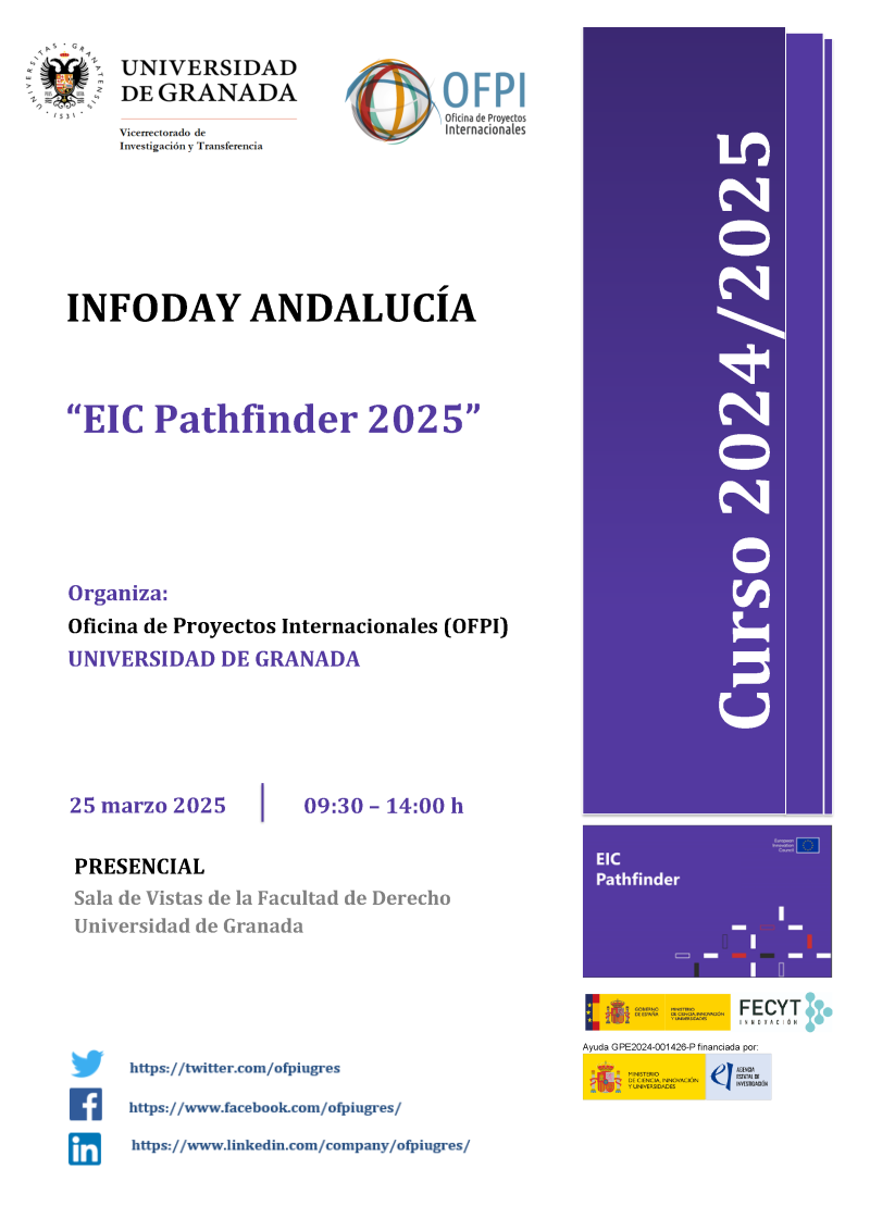 Cartel | Infoday Andalucía | "EIC Pathfinder" | 25 marzo 2025 Aparece una imagen con fondo blanco y detalles en morado y azul. En la parte superior, están los logotipos de la Universidad de Granada y su Oficina de Proyectos Internacionales (OFPI). El título central anuncia el evento "INFODAY ANDALUCÍA – EIC Pathfinder 2025". A la derecha, hay una franja morada con el texto "Curso 2024/2025", junto con los logotipos del European Innovation Council, el Ministerio de Ciencia e Innovación de España y FECYT. Al final, se incluyen redes sociales y datos del evento.