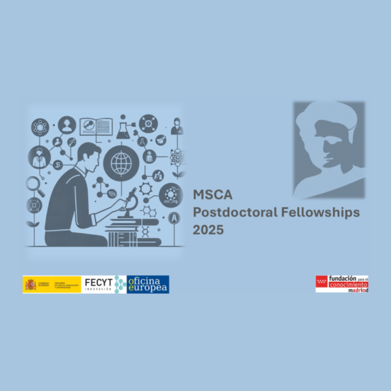 Cartel | Webinario nacional | MSCA PF 2025 | Aspectos generales | 15 abril 2025 Aparece una imagen que anuncia una sesión informativa sobre las MSCA Postdoctoral Fellowships 2025. A la izquierda, se muestra un investigador utilizando un microscopio, rodeado de iconos científicos que representan distintas áreas del conocimiento. A la derecha, destacan los logotipos institucionales y un retrato estilizado de Marie Skłodowska-Curie.