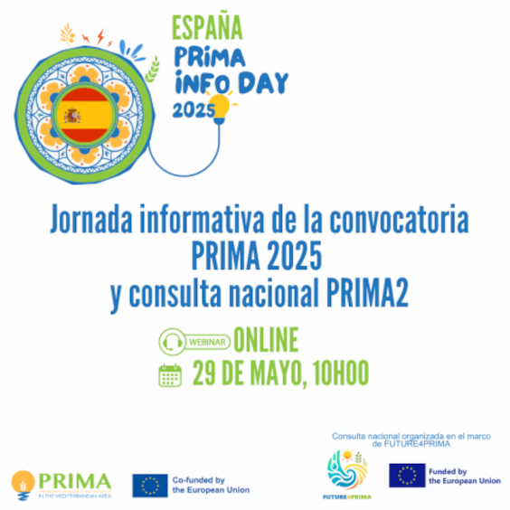 Cartel | Jornada informativa | Convocatoria PRIMA 2025 | 29 mayo 2025 Aparece una imagen con colores vivos y textos grandes que anuncian un evento informativo llamado "PRIMA Info Day 2025" en España. Se informa que la jornada será online, el 29 de mayo a las 10:00 de la mañana, y está relacionada con la convocatoria PRIMA 2025 y la consulta nacional PRIMA2.