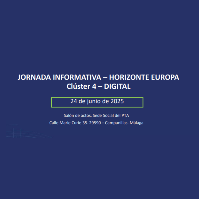 Cartel | Jornada informativa | Horizonte Europa | Clúster 4: DIGITAL | 24 junio 2025 Aparece una imagen que anuncia la jornada informativa "Doctoral Networks 2025 - Call info day". Se observa un fondo colorido con una figura de astronauta cuidando una planta en un invernadero y otra persona usando un portátil. Los iconos indican que el evento será el 24 de junio y en formato online.