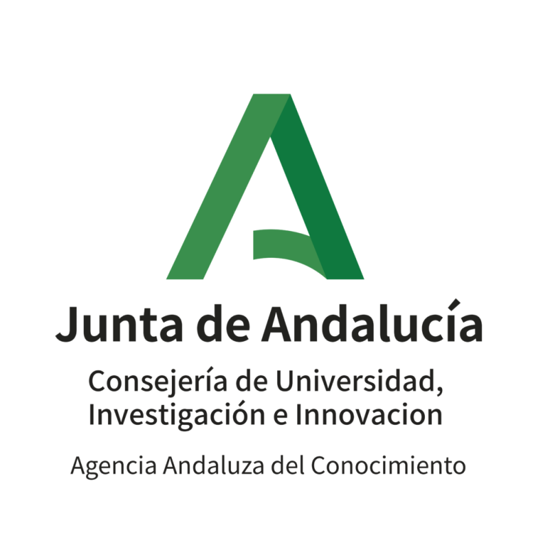 aparece un logo blanco con simbolo verde que evoca una A y debajo letras en color negro con siguiente texto: Junta de Andalucia, Consejería de Universidad, Investigación e Innovación, Agencia Andaluza del Conocimiento