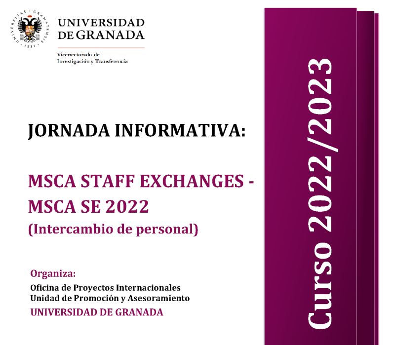 cartel jornada msca staff exchanges 2022 aparece un cartel blanco con toda la informacion esencial de la jornada informativa que viene indicada en la noticia. En la parte derecha aparece un figura rectangular en color morado en la que se indica el curso academico 2022 2023