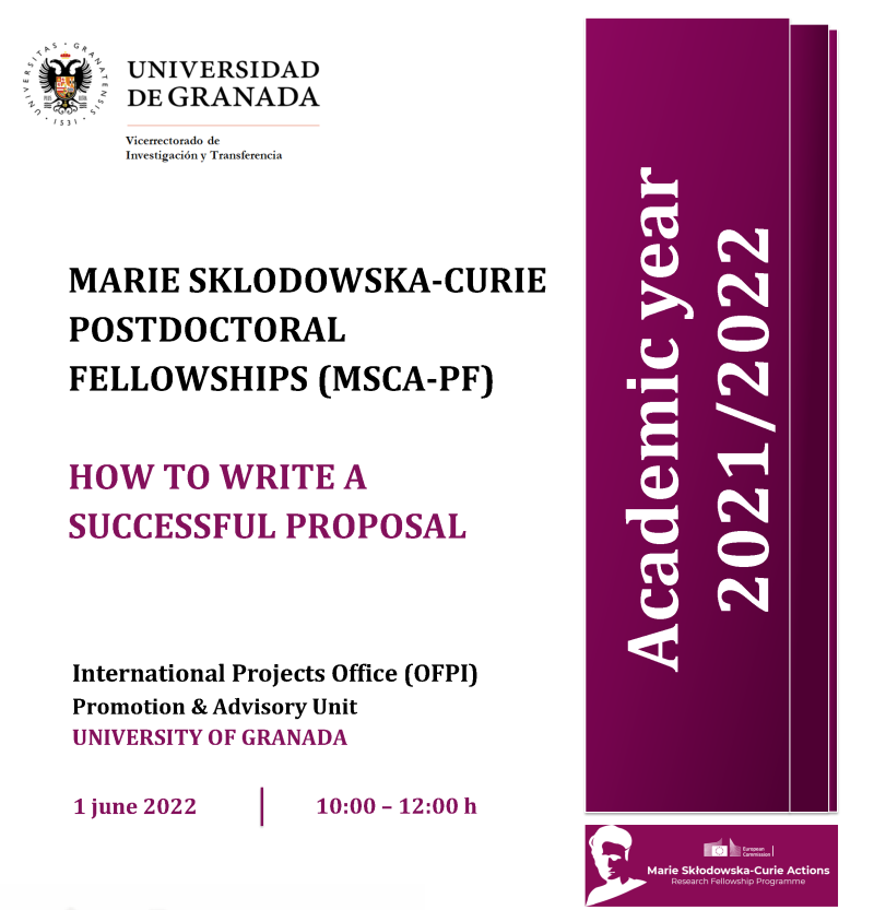 cartel taller Marie Sklodowska-Curie Postdoctoral Fellowship (MSCA-PF-2022): How to write a successful proposal aparece un cartel blanco con toda la informacion esencial del taller que viene indicada en la noticia. En la parte derecha aparece un figura rectangular en color morado en la que se indica el curso academico 2021 2022