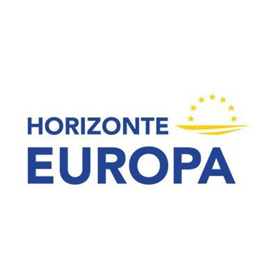 aparece una imagen con fondo blanco y letras azules con el texto "Horizonte Europa" 