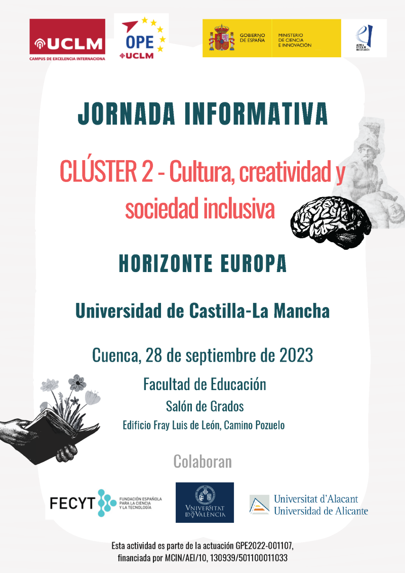cartel Jornada | Horizonte Europa | Clúster 2 | 28 septiembre 2023 aparece una imagen con fondo blanco y el texto del evento en color azulado y rojo, además de los logos correspondientes de las instituciones implicadas