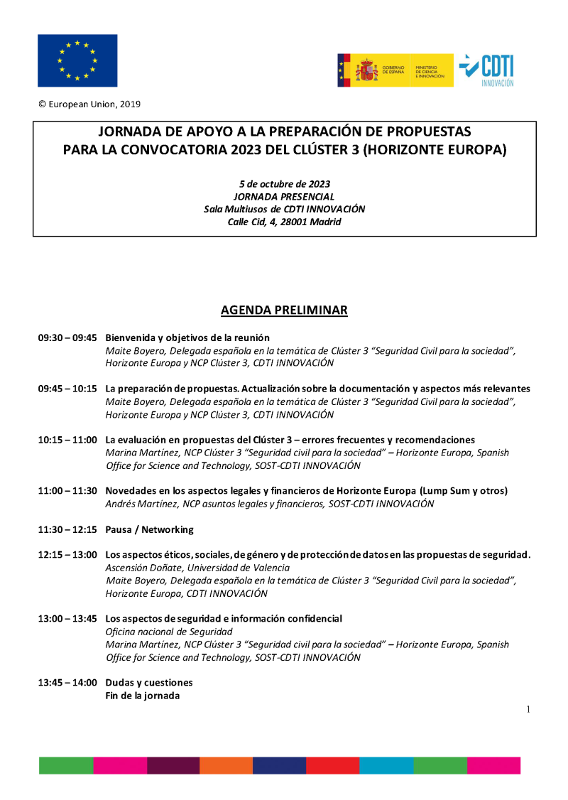 cartel Jornada Preparación Propuestas | Horizonte Europa – Clúster 3: "Seguridad" - 5 octubre 2023 aparece un cartel blanco con la agenda del evento