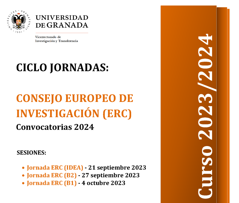 cartel Ciclo Jornadas | Consejo Europeo de Investigación - Convocatorias ERC 2024 aparece un cartel blanco con toda la información esencial del ciclo de jornadas erc que viene indicada en la noticia. En la parte derecha aparece un figura rectangular en color naranja en la que se indica el curso académico 2023 2024