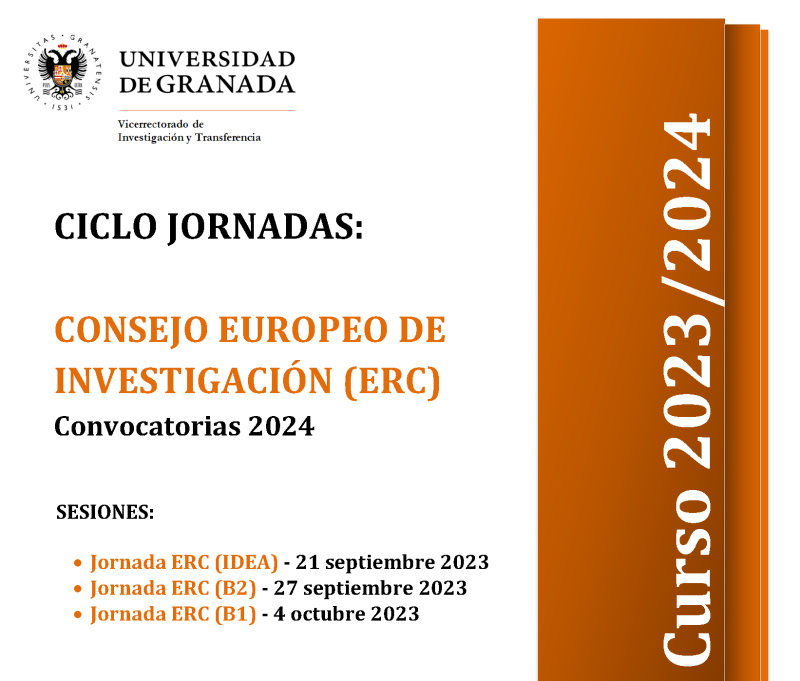 aparece un cartel blanco con toda la información esencial del ciclo de jornadas erc que viene indicada en la noticia. En la parte derecha aparece un figura rectangular en color naranja en la que se indica el curso académico 2023 2024