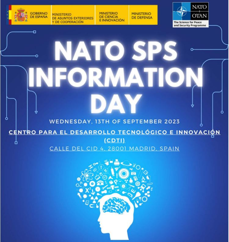cartel Jornada info | Nato Programa Ciencia para la Paz y la Seguridad (SPS) aparece una imagen con fondo azul y el texto con los detalles del evento en blanco, además se puede apreciar los logos correspondientes de los organizadores del evento que se detallan en la noticia
