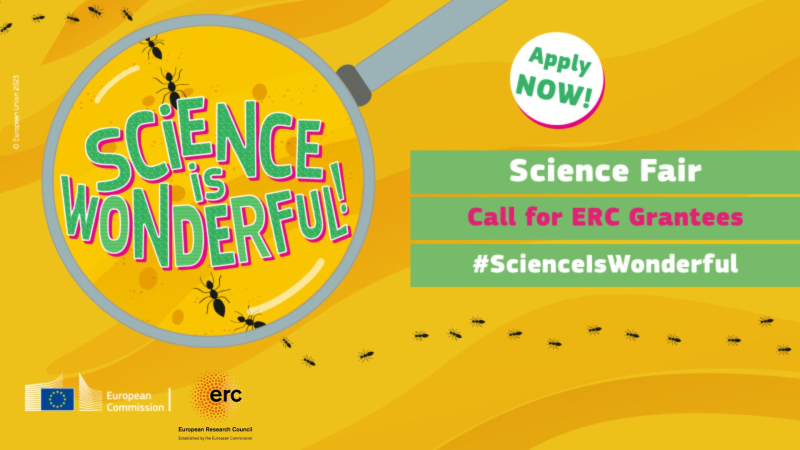 cartel La ciencia es maravillosa | Convocatoria ERC | 25 y 26 abril 2024 aparece un cartel con fondo amarillo y un dibujo de una lupa con el titulo del evento