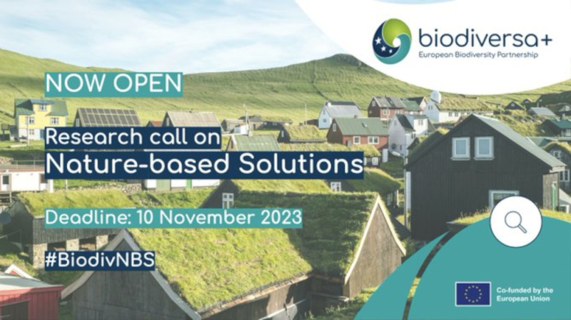 cartel Convocatoria | Biodiversa+: "Soluciones basadas en la naturaleza" aparece una imagen de un pueblo de casitas verdes con horizonte de prados verdes, el logo del paternariado biodiversa+ y el texto correspondiente a la convocatoria