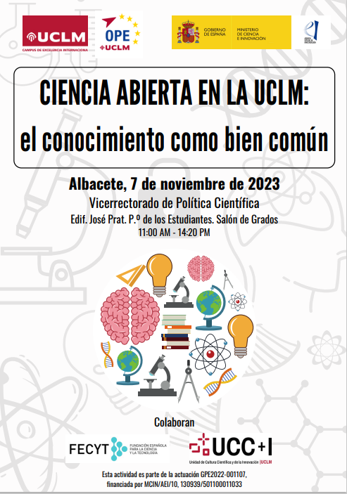 aparece una imagen con fondo blanco y las letras con la información esencial del evento que viene indicada en la noticia en texto negro; además aparecen los logos de la entidades organizadoras y financiadoras, así como otros logos relacionados con la ciencia